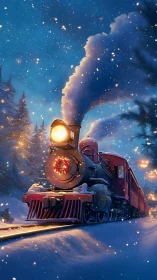 Steam locomotive moves through snowy forest at night