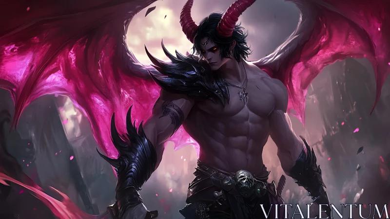 Brooding winged demon lord under crimson stormlight.