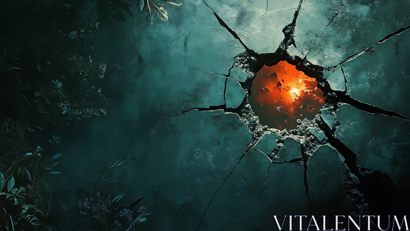 Fractured concrete aperture exposing molten planetary core.