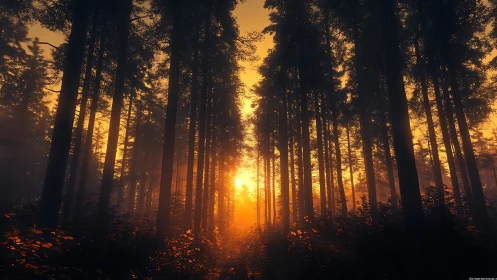 Forest Sunrise Through Towering Trees and Golden Light.