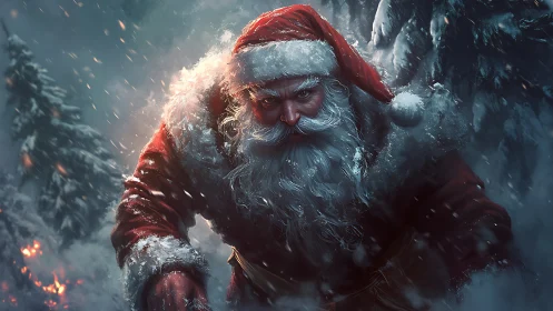 Fierce winter Santa strides through a stormy enchanted forest.