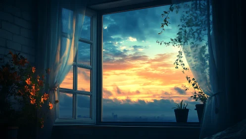 Soft evening sky framed by a quiet, plant-filled window.