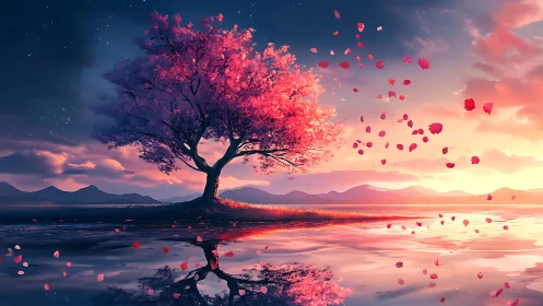 Digital painting of lone blossom tree over reflective water at dusk.