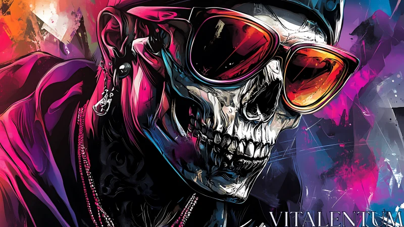 Neon skull portrait with reflective sunglasses and streetwear glow