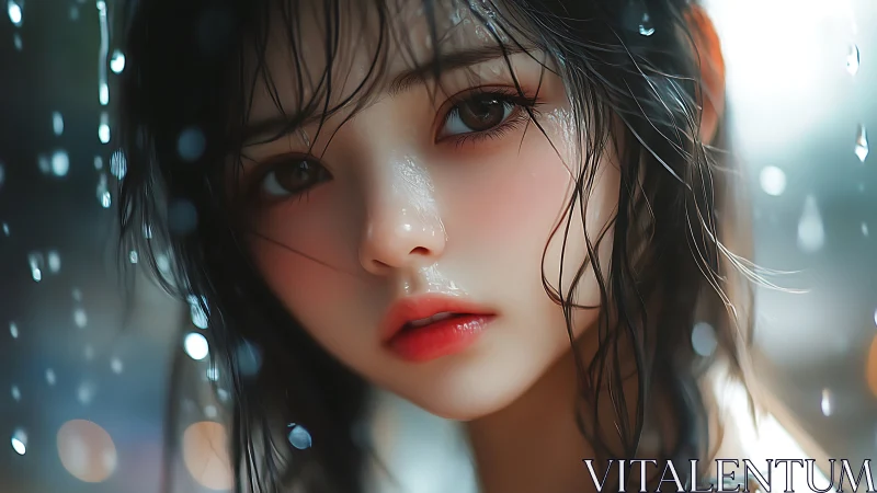 Wet-haired girl portrait in soft rain with bokeh light.