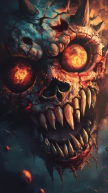 Horned fiery skull with molten eyes in dark cosmic void.