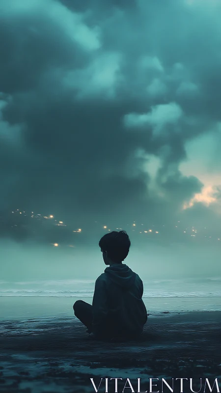 Solitary child watches storm-lit sea under moody skies.