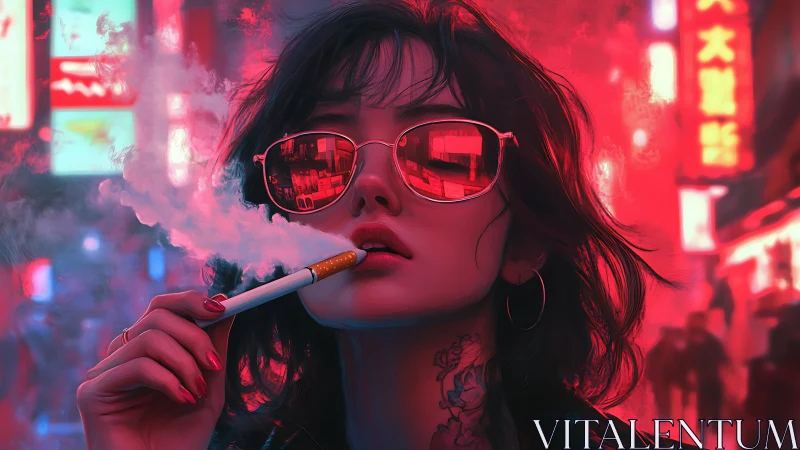 Woman smokes in neon city street with vivid red lighting