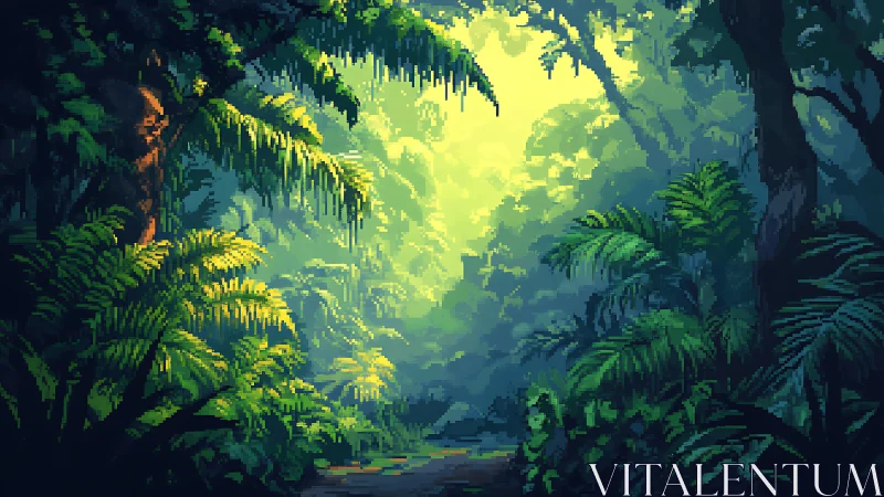 Pixelated Jungle Clearing with Golden Light