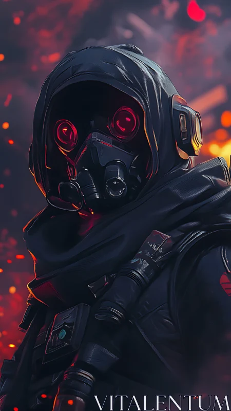 Hooded gas mask soldier stands amid glowing embers at dusk.