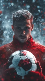Focused soccer player holding ball in snowy stadium portrait.
