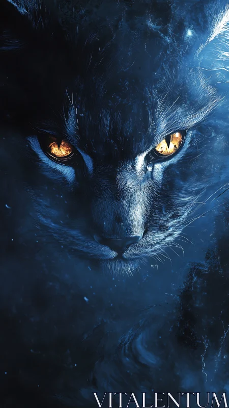 Celestial panther portrait with molten ember eyes in void.
