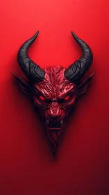 Horned demonic mask sculpture on monochrome red wall.