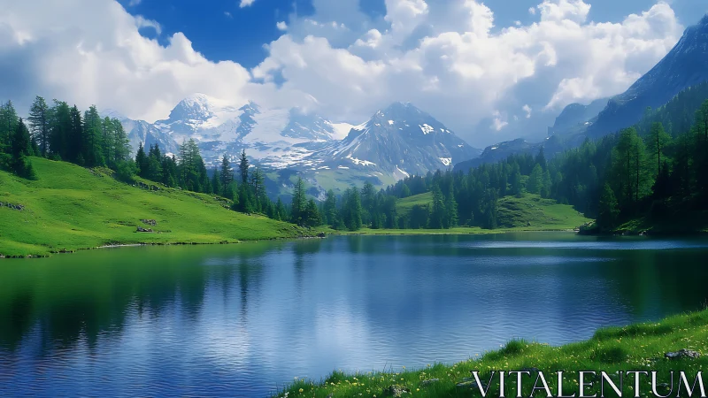 Snow-capped mountains reflect over tranquil alpine lake scene.