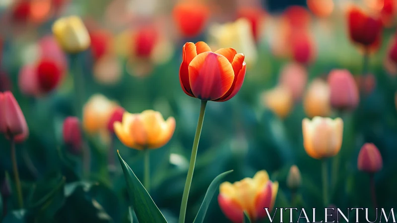 Red and Orange Tulips in Full Bloom with Selective Focus Photography