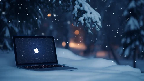 Cozy laptop glows softly in a peaceful winter snowfall.