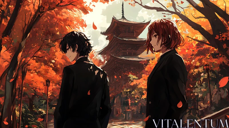 Autumn cloaks two solemn figures before a distant pagoda.