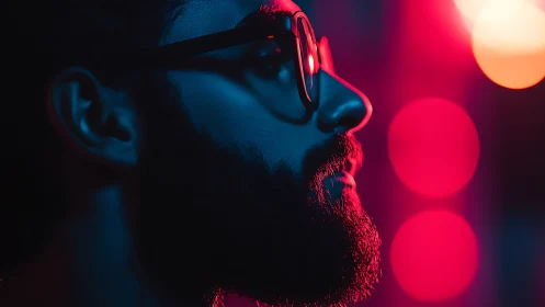 Profile view of bearded man in neon blue and pink light.