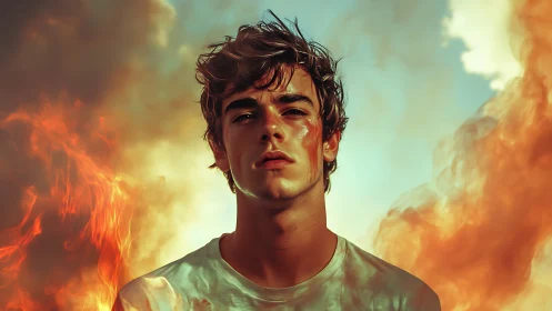 Smoke kissed boy standing calm inside roaming wildfire skies.