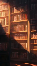 Sunlit library shelves with leather-bound volumes in glow.