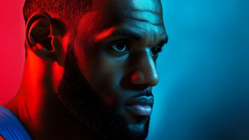 Moody athlete portrait in dramatic red and blue lighting.