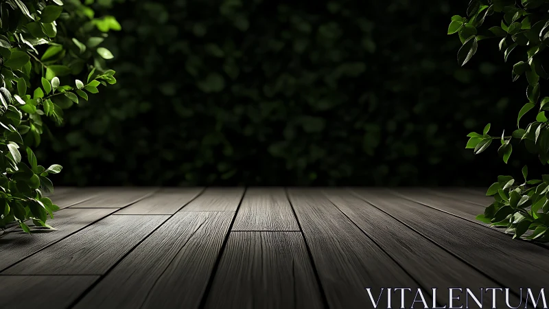 Wooden deck surface is bordered by dense green foliage
