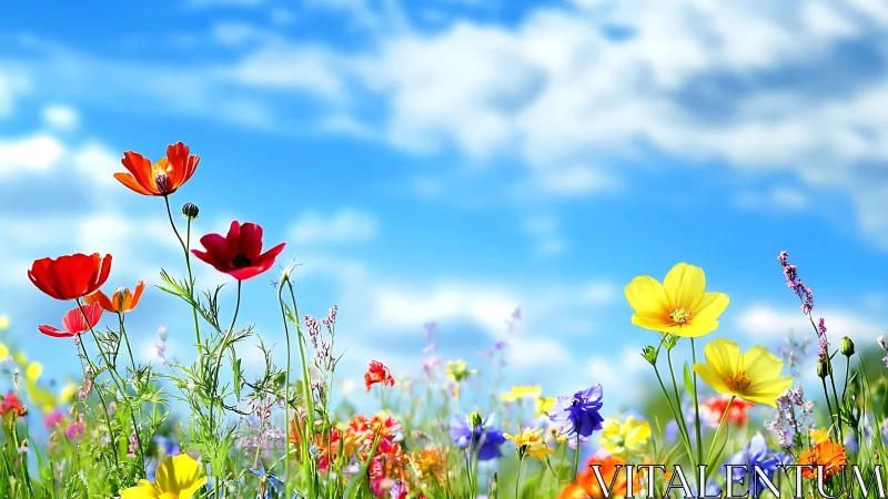 Wildflower meadow under clear sky with red and yellow blooms