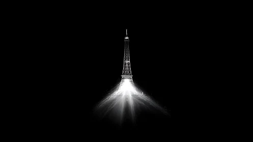 Eiffel Tower silhouette with radiant white light burst.