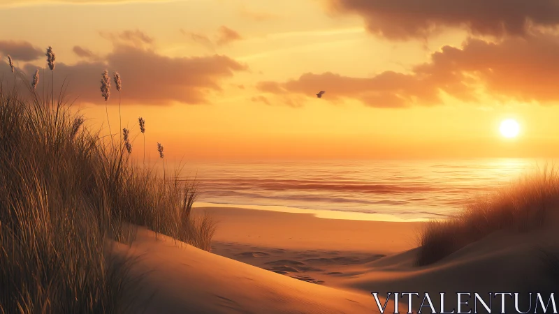 Golden coastal dunes with sunset-lit grasses and calm sea.