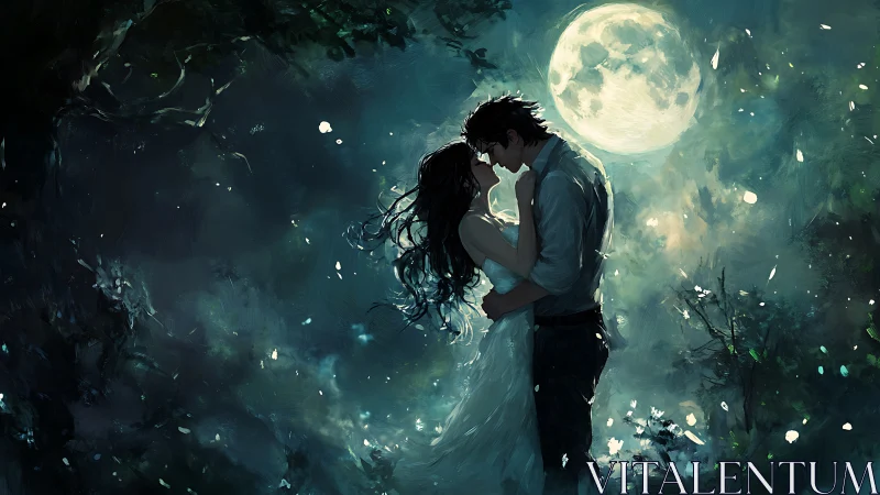 Couple Embracing Under Full Moon in Ethereal Nightscape