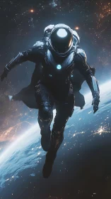 Lone futuristic astronaut soars above Earth in glowing starlight