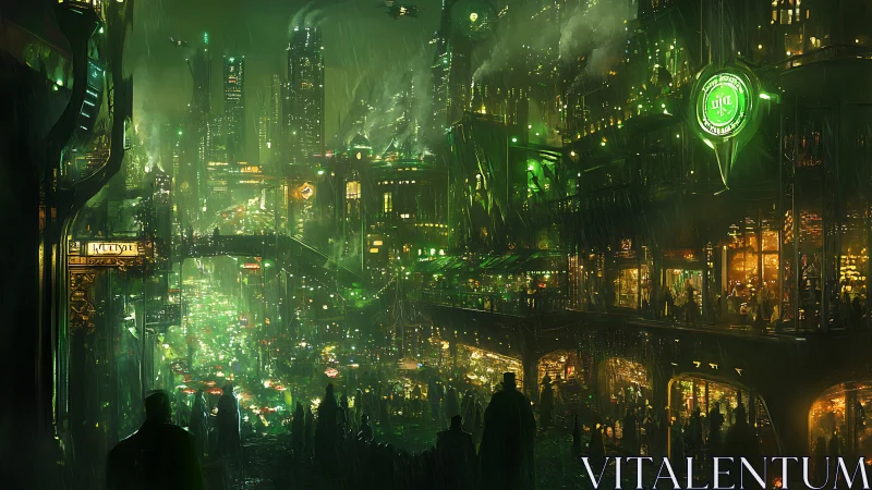 Neon smog metropolis hums under rain-soaked emerald glow.
