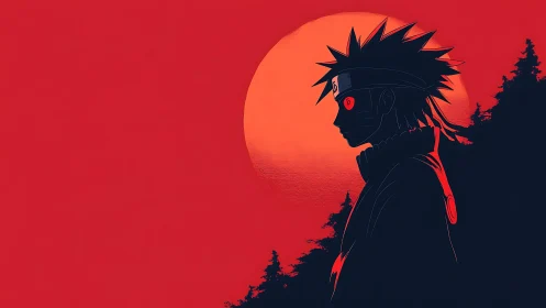 Silhouetted ninja profile against bold red sunset moon.