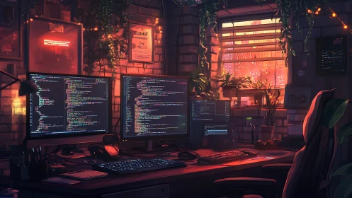 Multi-monitor coding workstation in warm-lit urban studio.