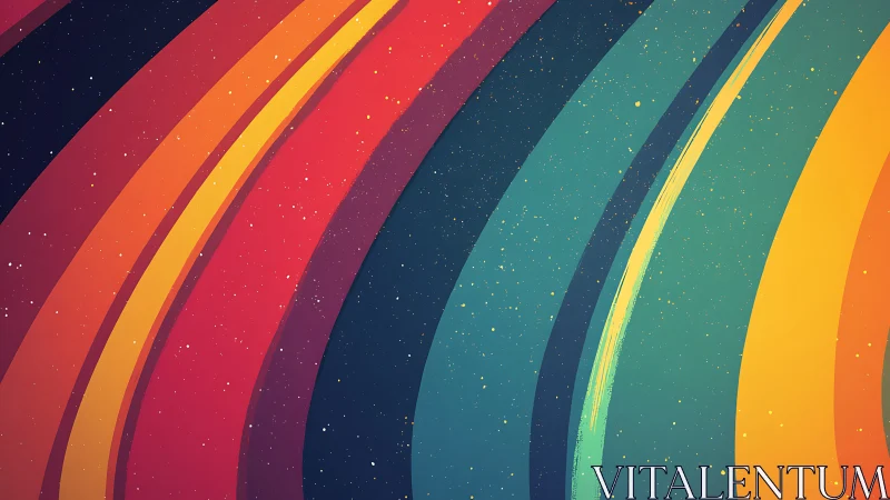 Curved multicolor bands with speckled starfield backdrop.