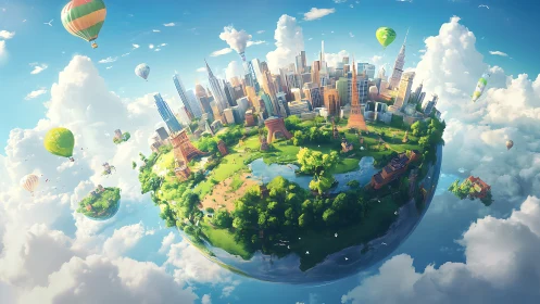 Floating city world drifts gently among bright summer clouds