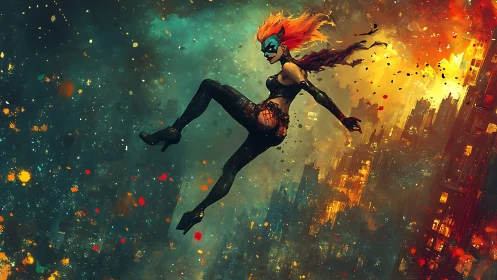 Masked antiheroine dives through blazing neon cityscape.