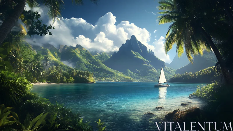 Tropical lagoon sailboat under dramatic emerald peaks.