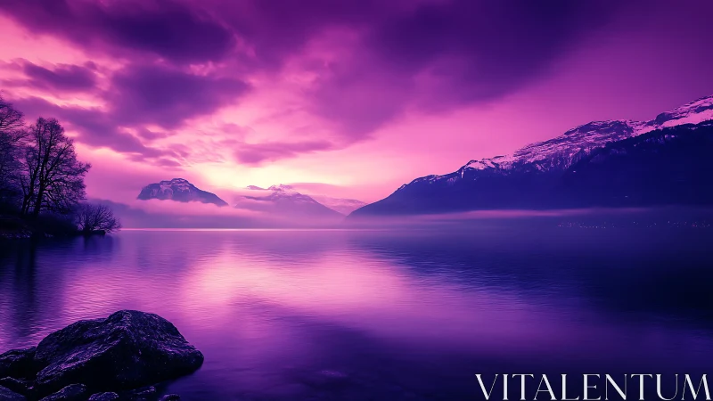 Violet tinted mountain lake at dusk with clouded sky.