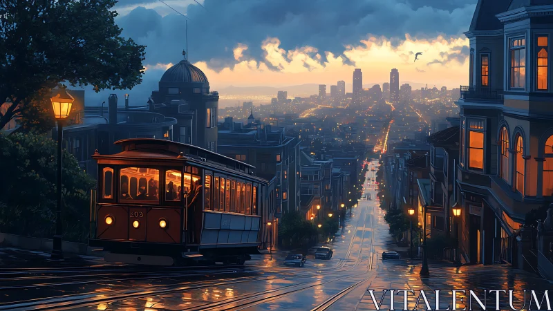 Cable car glides down rainlit hill as city lights awaken