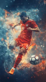 Dynamic soccer player in fiery motion on dark field.