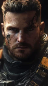 Battle-worn soldier in futuristic armor stares forward intently