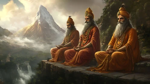 Triadic sages meditate on a cliff before a glaciated sacred peak