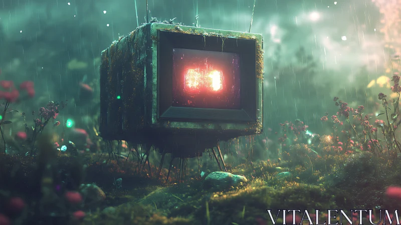 Weathered cube monitor in misty overgrown forest clearing.