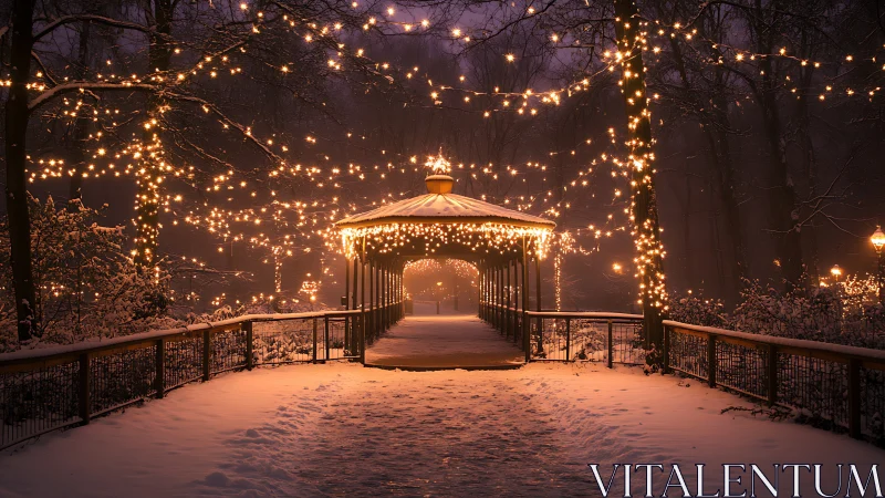 Snowy gazebo walkway under warm festive string lights.