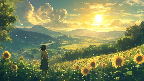 Backlit sunflower valley and solitary figure under golden sky