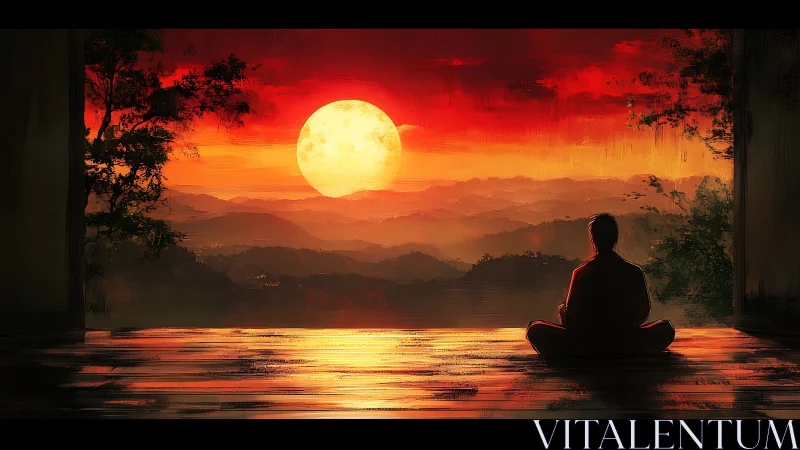 Solitary meditator observing oversized sun above misty ranges