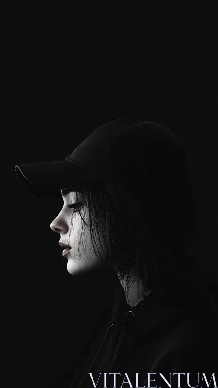 Profile portrait of hooded girl in deep monochrome light.