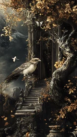 Bird before ornate ruined staircase in autumnal fantasy setting.