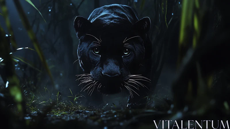 Black Panther's Watchful Gaze in Mystical Night.